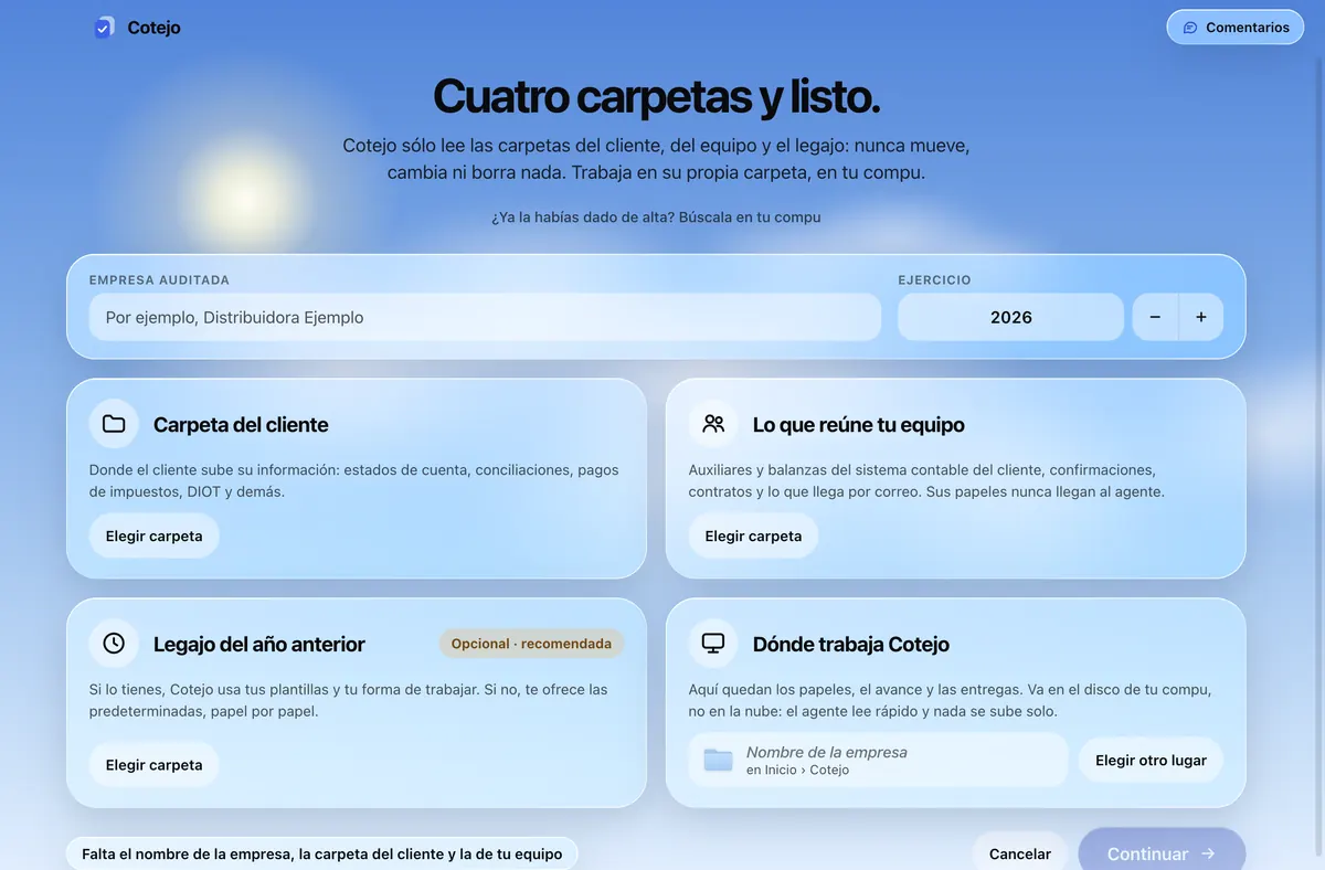 Cuatro carpetas y listo: la empresa auditada, el ejercicio y las carpetas del cliente, del equipo, del legajo y dónde trabaja Cotejo.