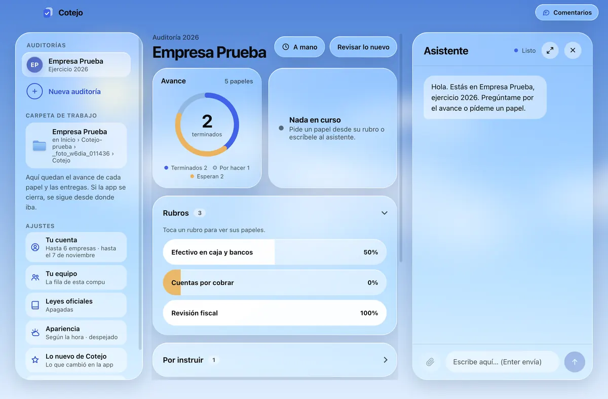El panel de una auditoría inventada: el avance, lo que corre ahora, los rubros y el asistente.