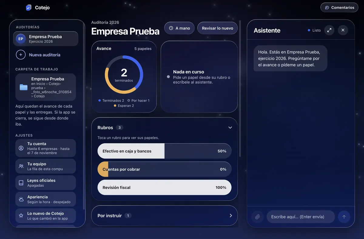 El panel de una auditoría inventada, de noche.