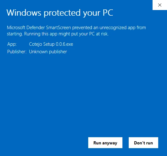 El mismo aviso después de picar “More info”: App: Cotejo Setup 0.0.6.exe, Publisher: Unknown publisher, y los botones “Run anyway” y “Don’t run”.