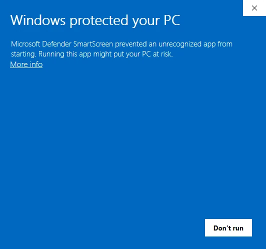 El aviso azul “Windows protected your PC”: Microsoft Defender SmartScreen no dejó abrir una app que no reconoce, con la liga “More info” y el botón “Don’t run”.