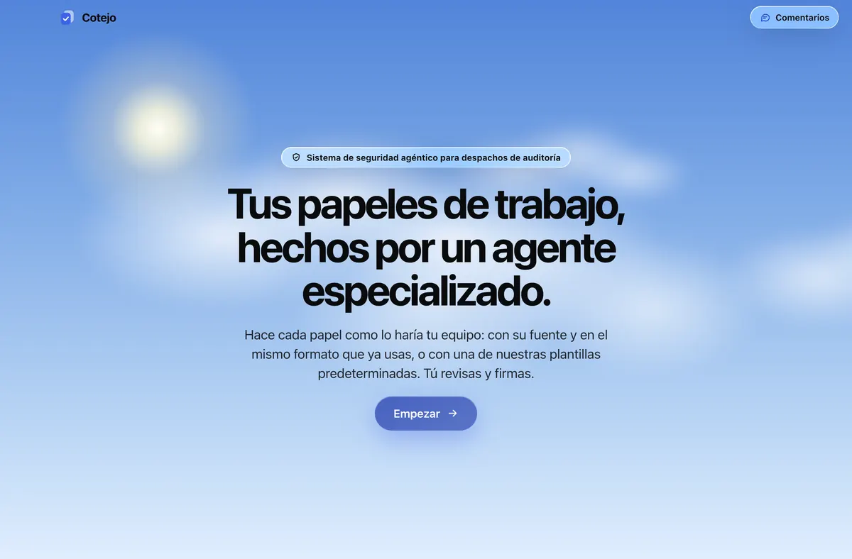 La entrada de Cotejo, de día: “Tus papeles de trabajo, hechos por un agente especializado” y el botón Empezar.