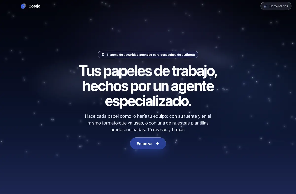 La entrada de Cotejo, de noche: “Tus papeles de trabajo, hechos por un agente especializado” y el botón Empezar.