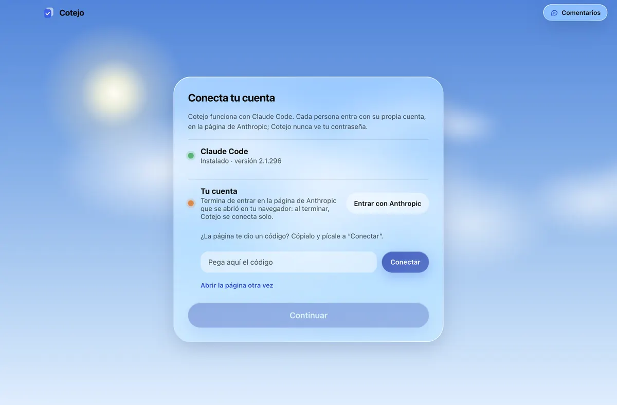 Conecta tu cuenta en Windows: la casilla para pegar el código de la página de Anthropic y el botón Conectar.