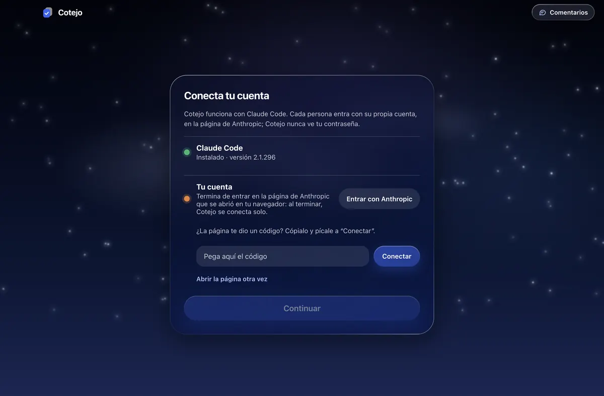 Conecta tu cuenta en Windows, de noche: la casilla para pegar el código.