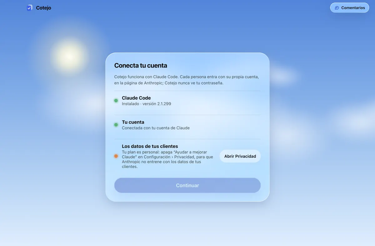 Conecta tu cuenta: Claude Code instalado, tu cuenta conectada y el aviso sobre los datos de tus clientes.