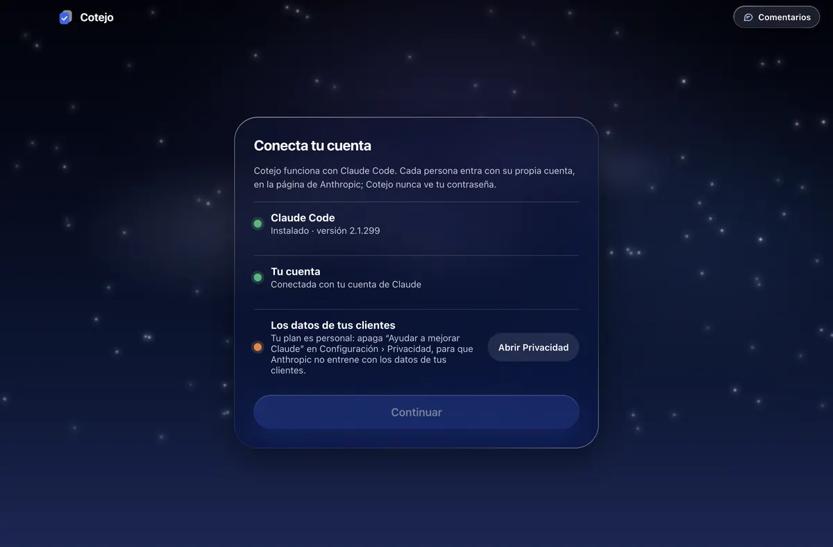 Conecta tu cuenta, de noche: Claude Code instalado, tu cuenta conectada y el aviso sobre los datos de tus clientes.