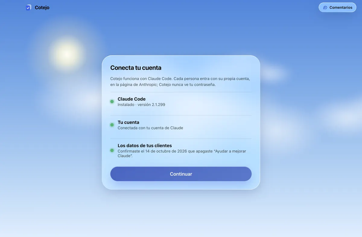 Conecta tu cuenta con todo en verde: Claude Code, tu cuenta y la confirmación de que apagaste el entrenamiento.