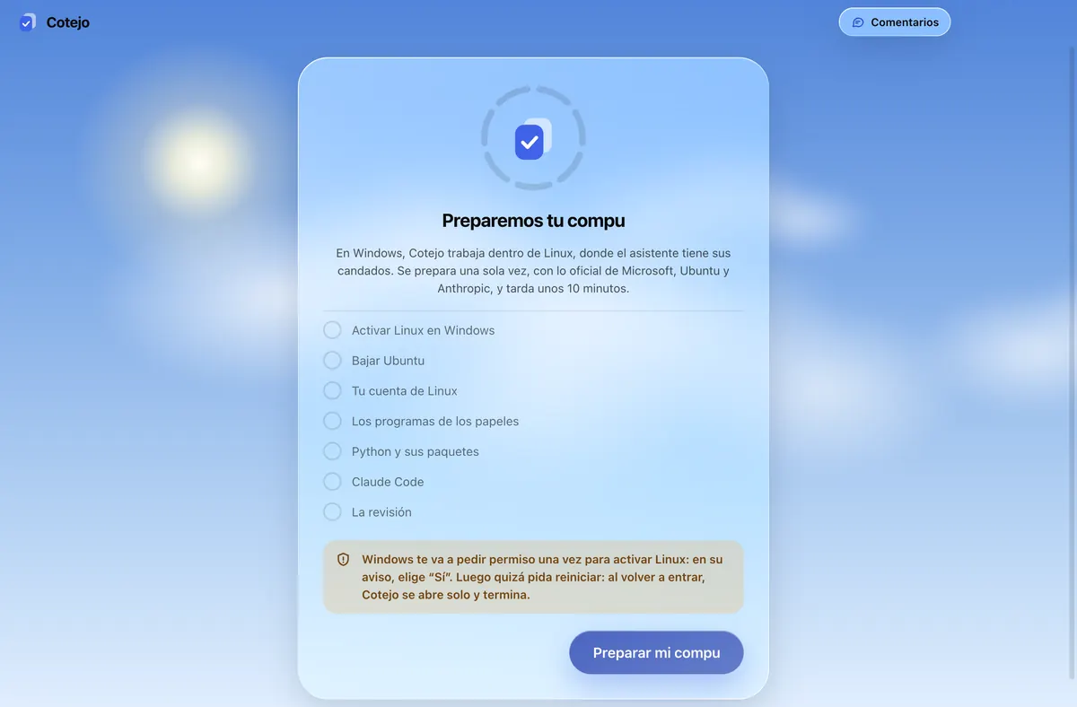Preparemos tu compu: los siete pasos, que tarda unos 10 minutos y el aviso de que Windows pedirá permiso.