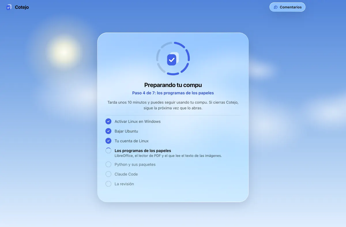Preparando tu compu, en el paso 4 de 7: tres pasos hechos y el cuarto con su detalle.