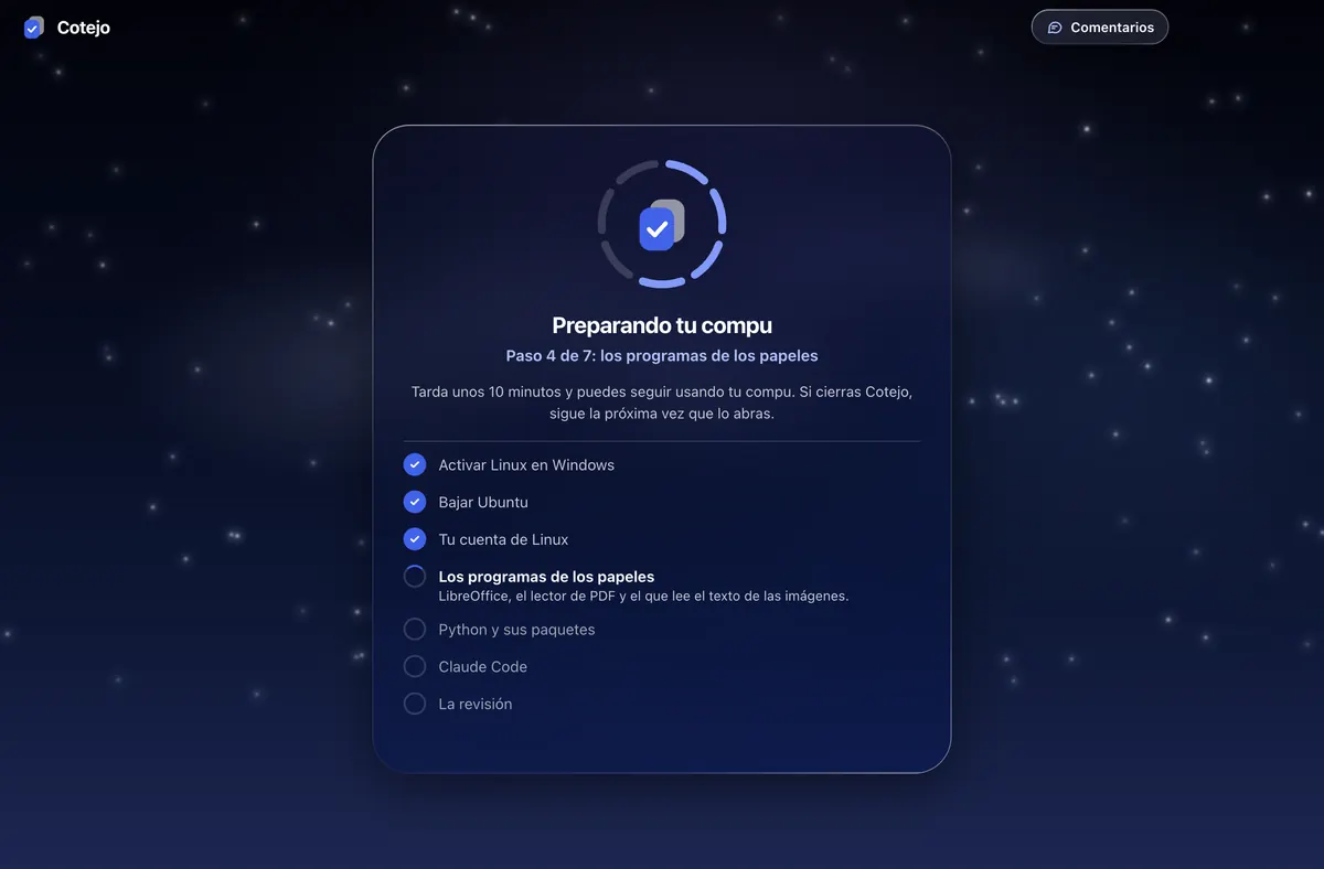 Preparando tu compu, de noche, en el paso 4 de 7.