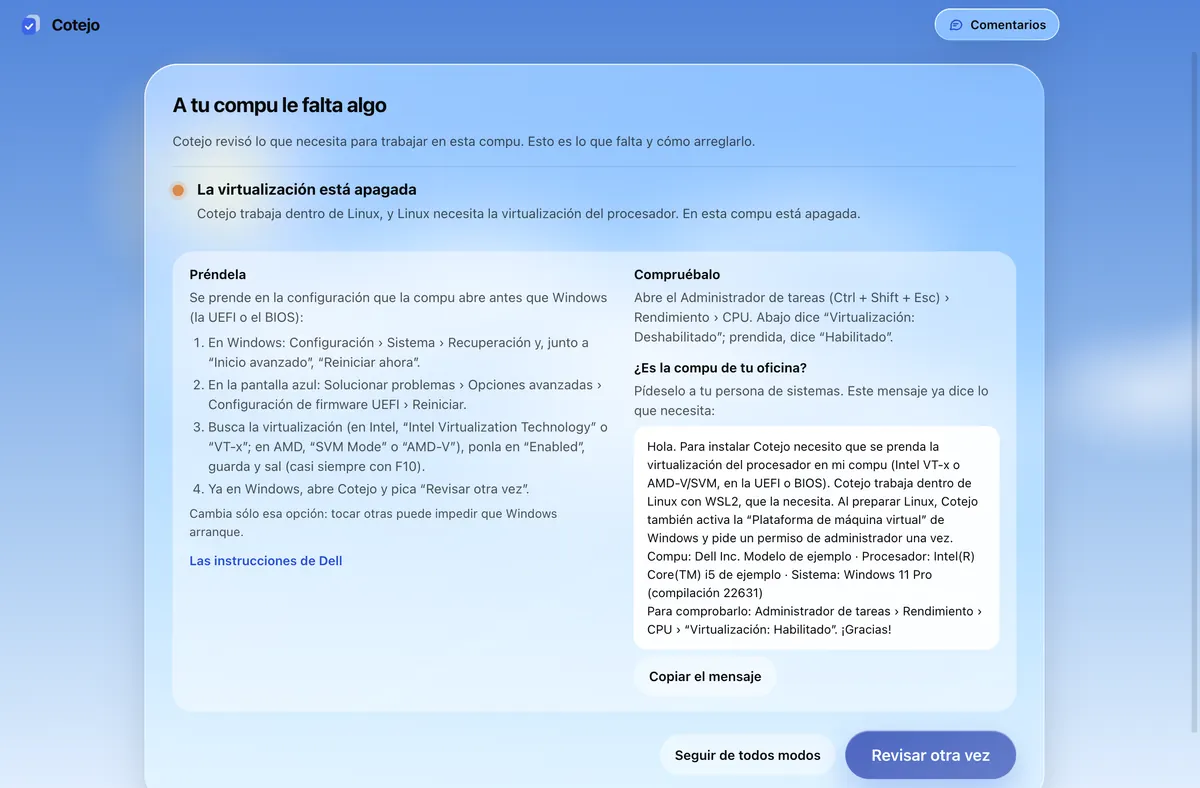 La virtualización está apagada: cómo comprobarla, cómo prenderla con las instrucciones de la marca de la compu y el mensaje para sistemas.