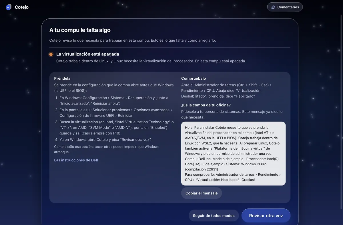 La virtualización está apagada, de noche.